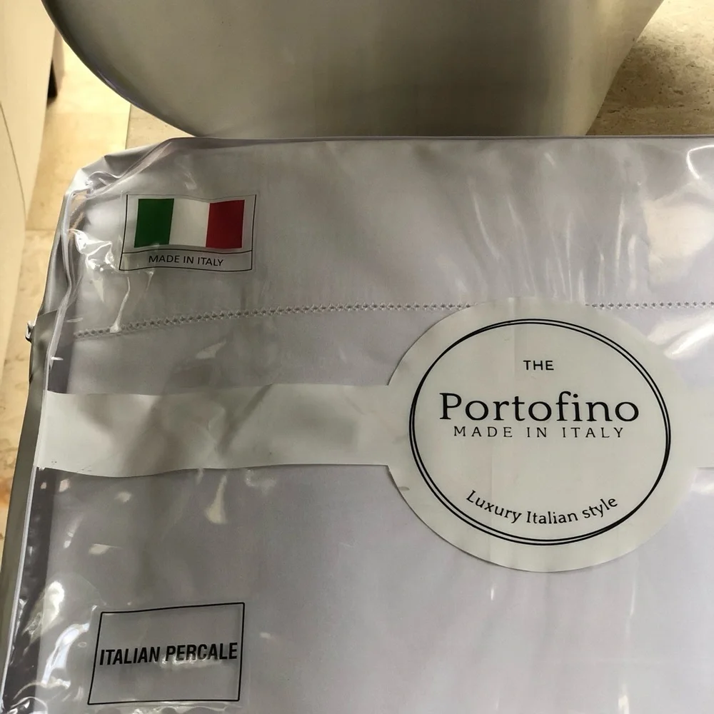 PORTOFINO Italy Embroidered Gray Scalloped QUEEN Size Cotton Sheet Set